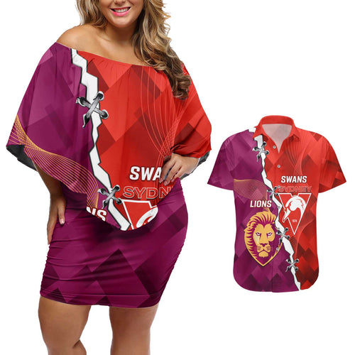 Custom Swans And Lions Football Couples Matching Off Shoulder Short Dress and Hawaiian Shirt 2024 Go Champions Final Dynamic Version