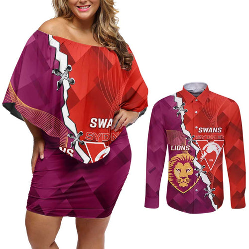Custom Swans And Lions Football Couples Matching Off Shoulder Short Dress and Long Sleeve Button Shirt 2024 Go Champions Final Dynamic Version