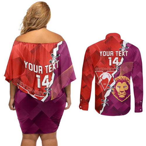 Custom Swans And Lions Football Couples Matching Off Shoulder Short Dress and Long Sleeve Button Shirt 2024 Go Champions Final Dynamic Version