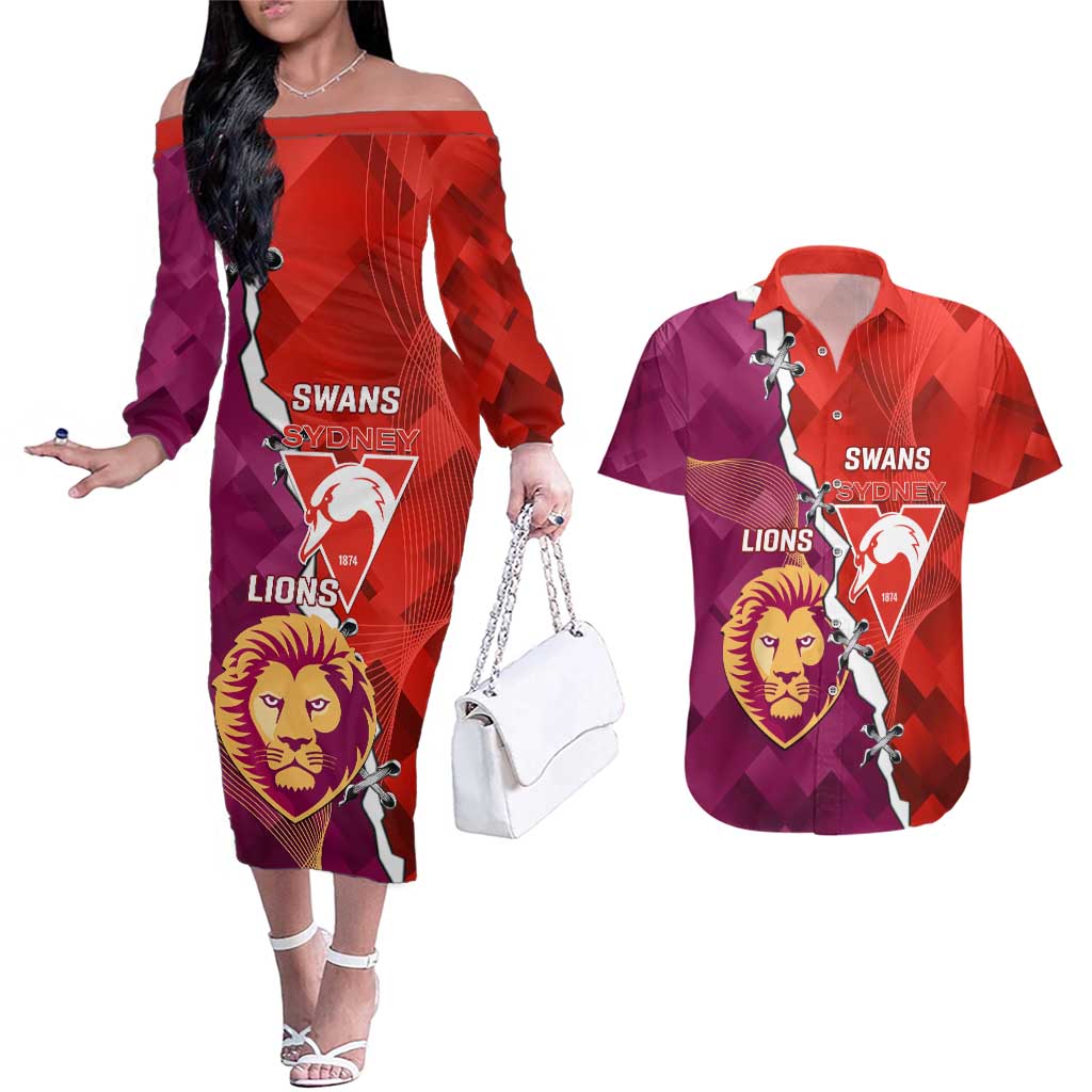 Custom Swans And Lions Football Couples Matching Off The Shoulder Long Sleeve Dress and Hawaiian Shirt 2024 Go Champions Final Dynamic Version