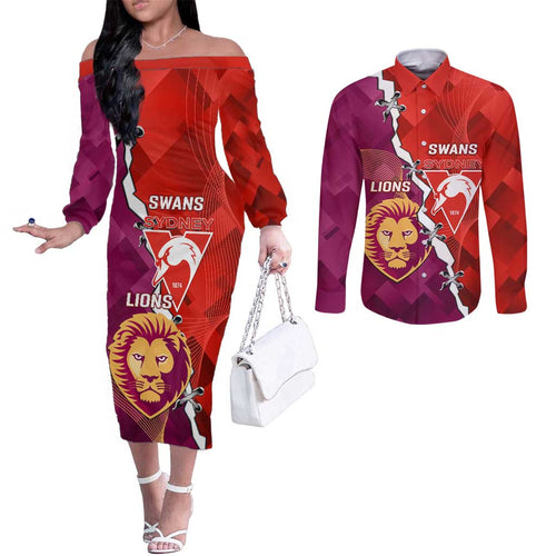 Custom Swans And Lions Football Couples Matching Off The Shoulder Long Sleeve Dress and Long Sleeve Button Shirt 2024 Go Champions Final Dynamic Version