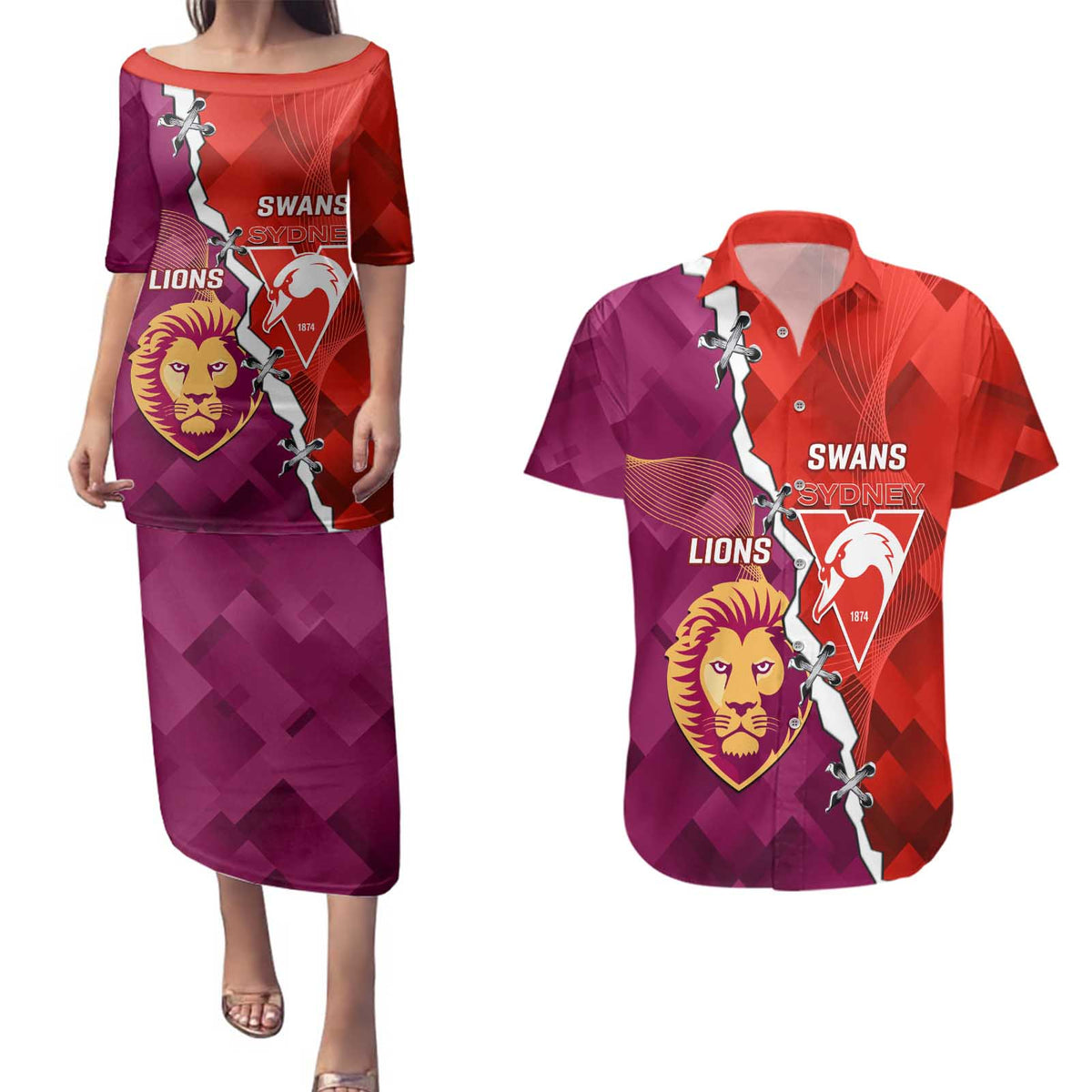 Custom Swans And Lions Football Couples Matching Puletasi and Hawaiian Shirt 2024 Go Champions Final Dynamic Version