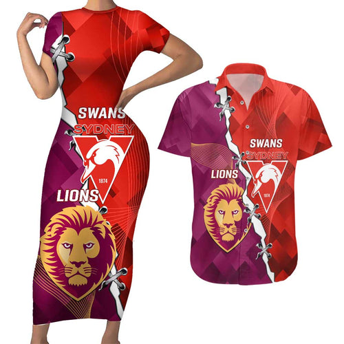 Custom Swans And Lions Football Couples Matching Short Sleeve Bodycon Dress and Hawaiian Shirt 2024 Go Champions Final Dynamic Version