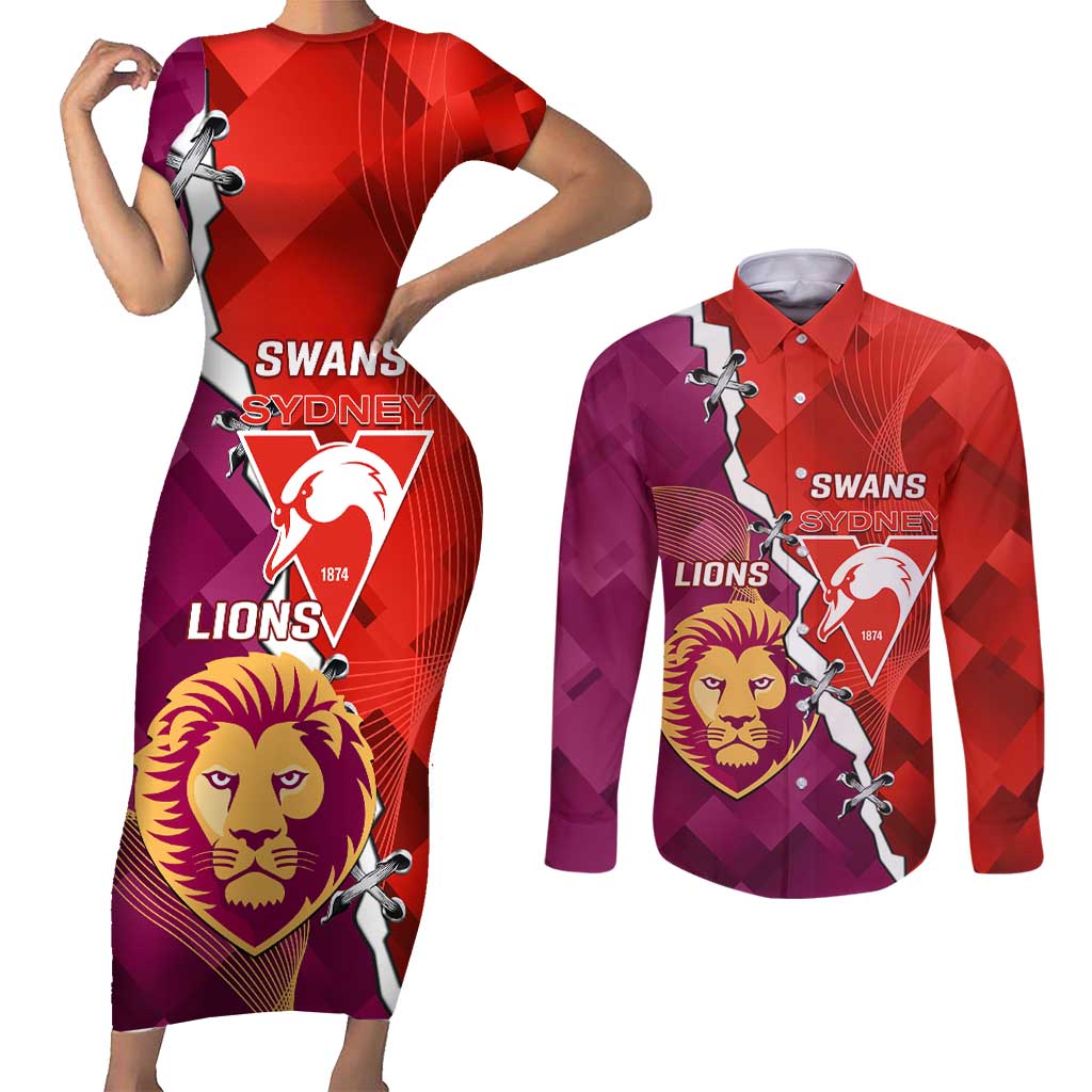 Custom Swans And Lions Football Couples Matching Short Sleeve Bodycon Dress and Long Sleeve Button Shirt 2024 Go Champions Final Dynamic Version