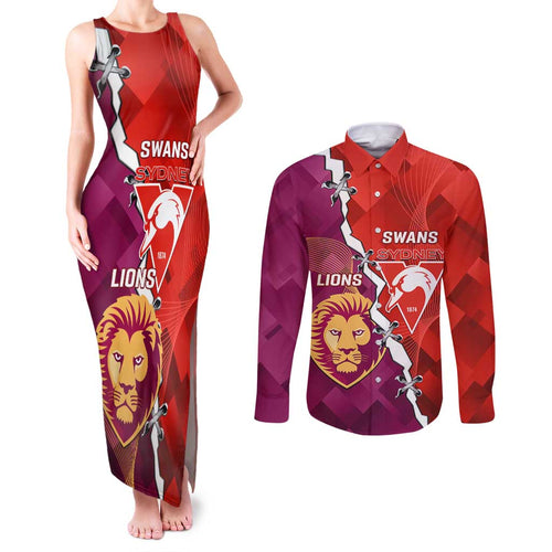 Custom Swans And Lions Football Couples Matching Tank Maxi Dress and Long Sleeve Button Shirt 2024 Go Champions Final Dynamic Version