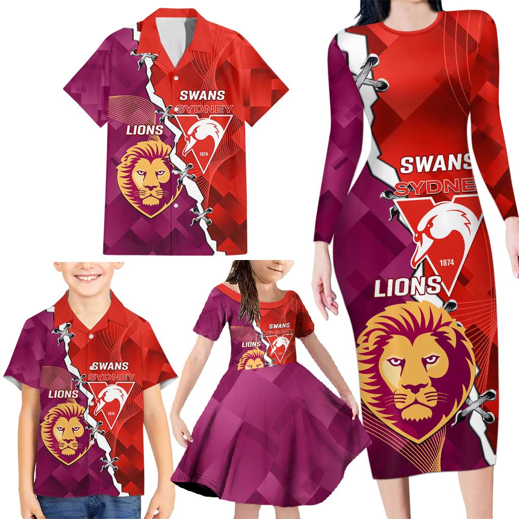 Custom Swans And Lions Football Family Matching Long Sleeve Bodycon Dress and Hawaiian Shirt 2024 Go Champions Final Dynamic Version