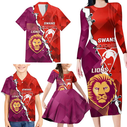 Custom Swans And Lions Football Family Matching Long Sleeve Bodycon Dress and Hawaiian Shirt 2024 Go Champions Final Dynamic Version