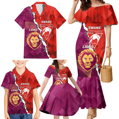 Custom Swans And Lions Football Family Matching Mermaid Dress and Hawaiian Shirt 2024 Go Champions Final Dynamic Version