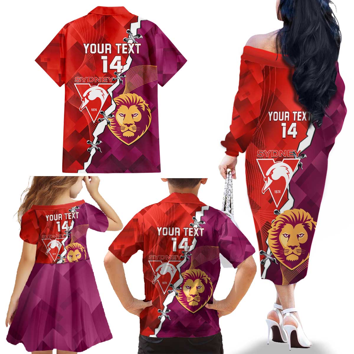 Custom Swans And Lions Football Family Matching Off The Shoulder Long Sleeve Dress and Hawaiian Shirt 2024 Go Champions Final Dynamic Version