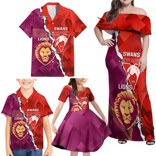 Custom Swans And Lions Football Family Matching Off Shoulder Maxi Dress and Hawaiian Shirt 2024 Go Champions Final Dynamic Version