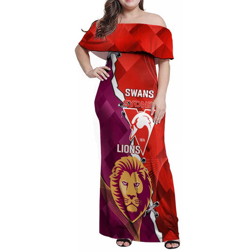 Custom Swans And Lions Football Family Matching Off Shoulder Maxi Dress and Hawaiian Shirt 2024 Go Champions Final Dynamic Version