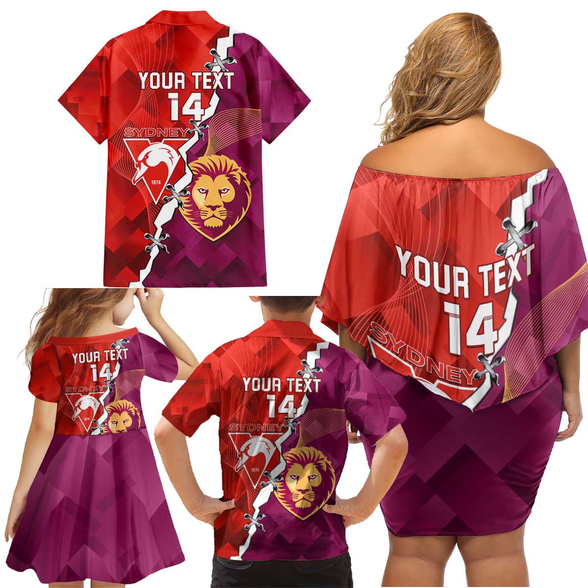 Custom Swans And Lions Football Family Matching Off Shoulder Short Dress and Hawaiian Shirt 2024 Go Champions Final Dynamic Version