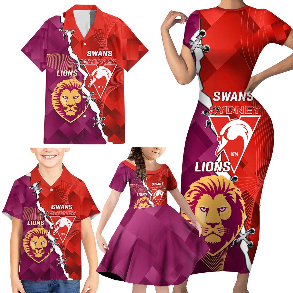 Custom Swans And Lions Football Family Matching Short Sleeve Bodycon Dress and Hawaiian Shirt 2024 Go Champions Final Dynamic Version