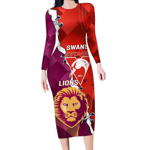 Custom Swans And Lions Football Long Sleeve Bodycon Dress 2024 Go Champions Final Dynamic Version
