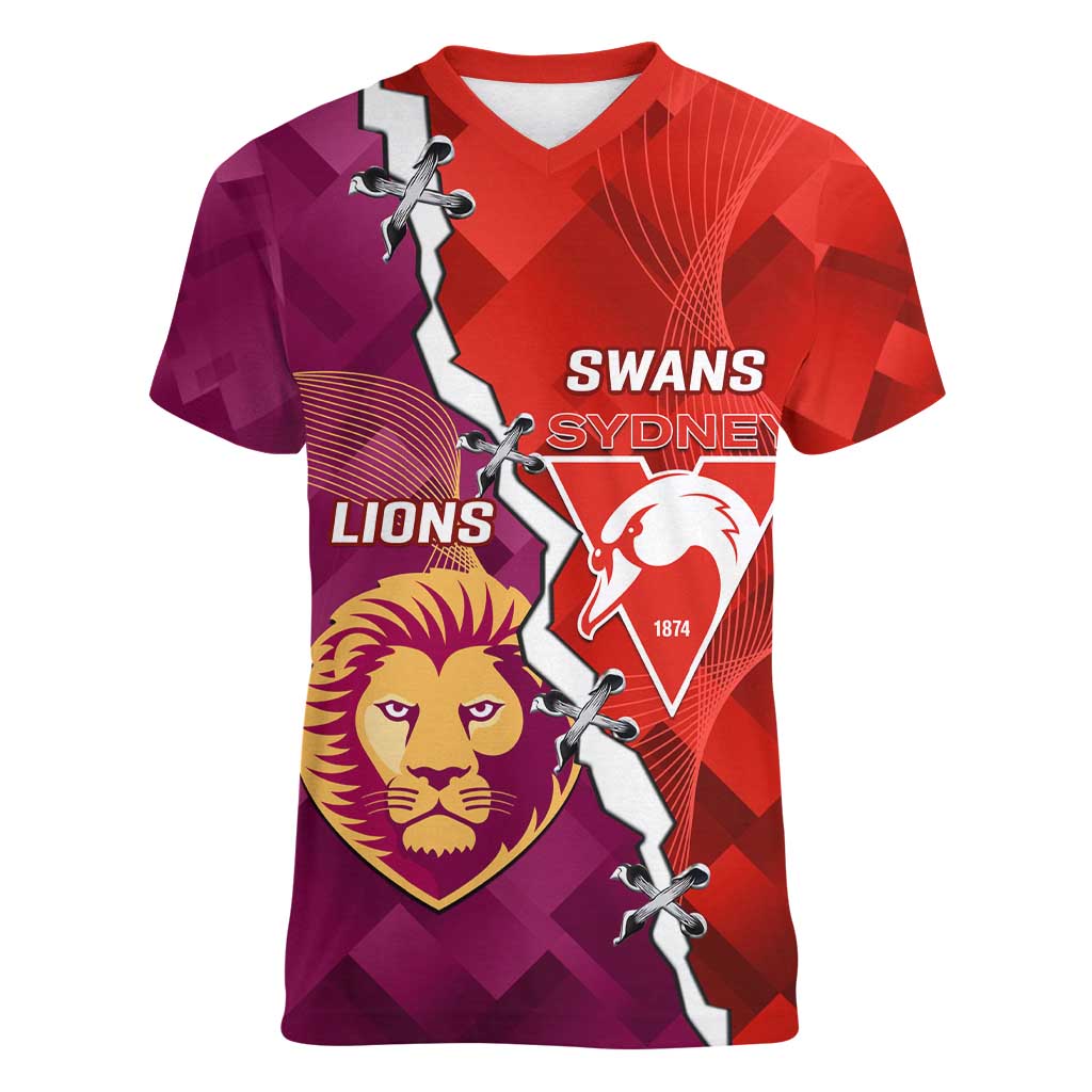 Custom Swans And Lions Football Women V-Neck T-Shirt 2024 Go Champions Final Dynamic Version