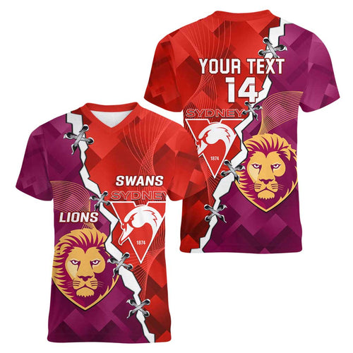 Custom Swans And Lions Football Women V-Neck T-Shirt 2024 Go Champions Final Dynamic Version