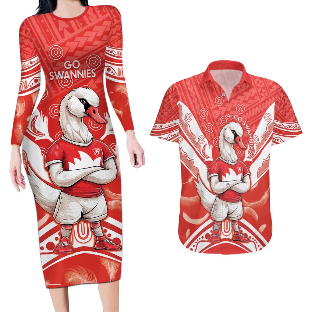 Personalised Swans Football Couples Matching Long Sleeve Bodycon Dress and Hawaiian Shirt 2024 Swannies Mascot Go Champions