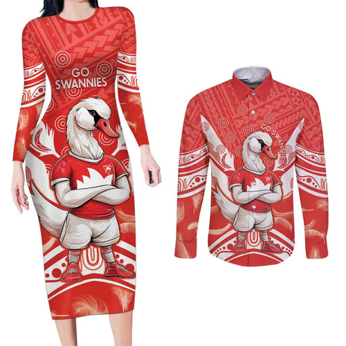 Personalised Swans Football Couples Matching Long Sleeve Bodycon Dress and Long Sleeve Button Shirt 2024 Swannies Mascot Go Champions