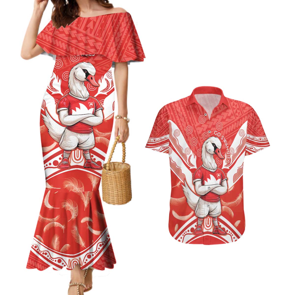 Personalised Swans Football Couples Matching Mermaid Dress and Hawaiian Shirt 2024 Swannies Mascot Go Champions