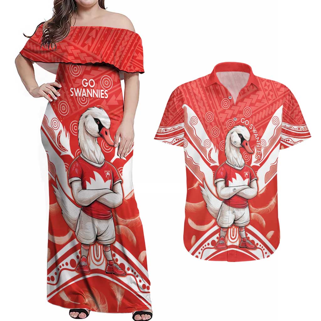 Personalised Swans Football Couples Matching Off Shoulder Maxi Dress and Hawaiian Shirt 2024 Swannies Mascot Go Champions