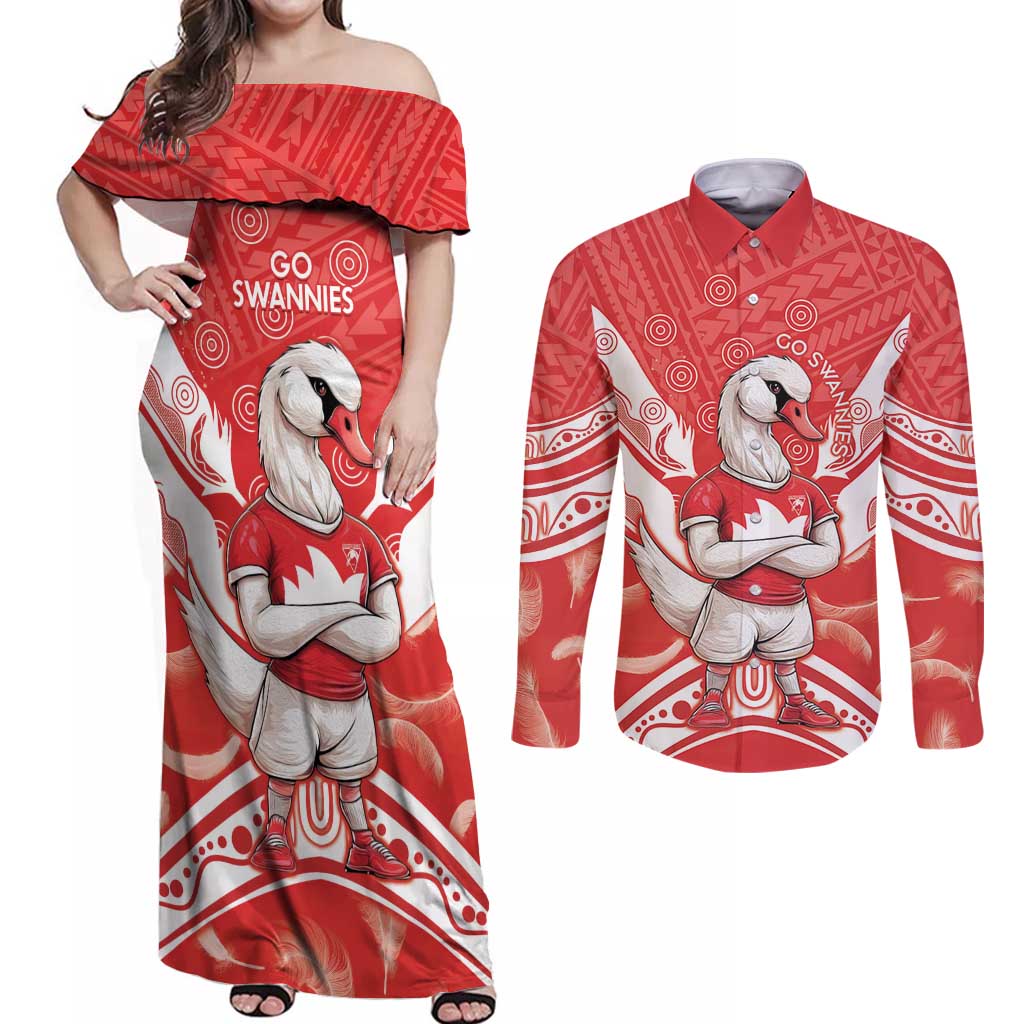 Personalised Swans Football Couples Matching Off Shoulder Maxi Dress and Long Sleeve Button Shirt 2024 Swannies Mascot Go Champions