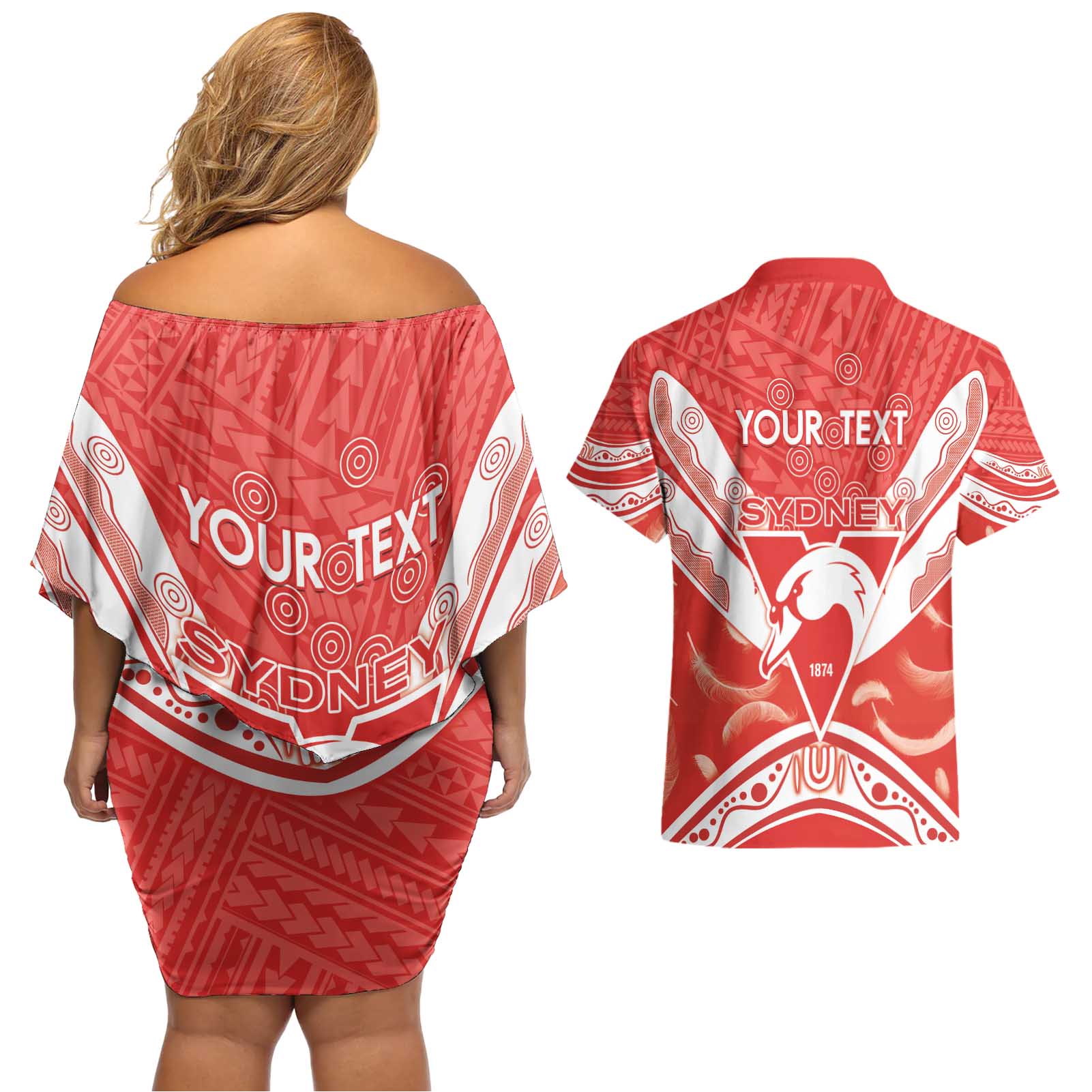 Personalised Swans Football Couples Matching Off Shoulder Short Dress and Hawaiian Shirt 2024 Swannies Mascot Go Champions