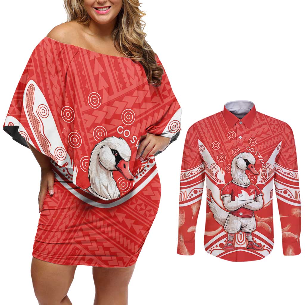 Personalised Swans Football Couples Matching Off Shoulder Short Dress and Long Sleeve Button Shirt 2024 Swannies Mascot Go Champions
