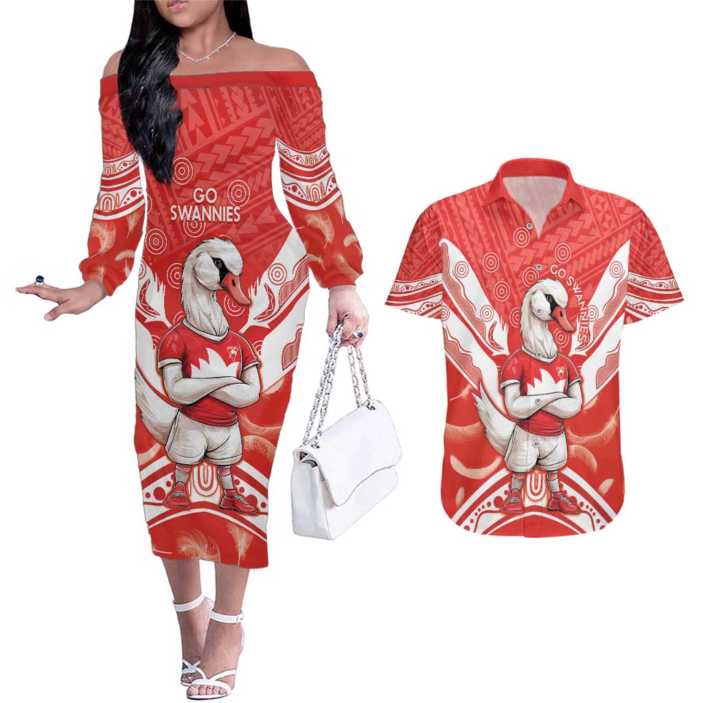 Personalised Swans Football Couples Matching Off The Shoulder Long Sleeve Dress and Hawaiian Shirt 2024 Swannies Mascot Go Champions