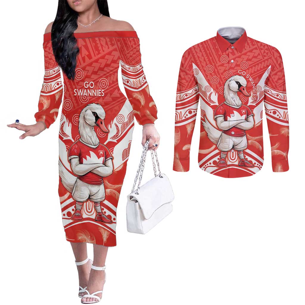 Personalised Swans Football Couples Matching Off The Shoulder Long Sleeve Dress and Long Sleeve Button Shirt 2024 Swannies Mascot Go Champions