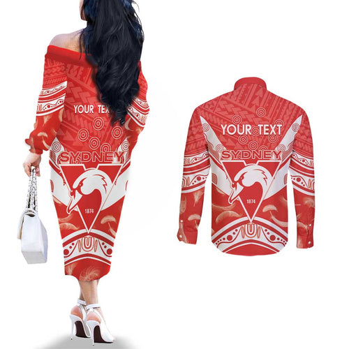 Personalised Swans Football Couples Matching Off The Shoulder Long Sleeve Dress and Long Sleeve Button Shirt 2024 Swannies Mascot Go Champions