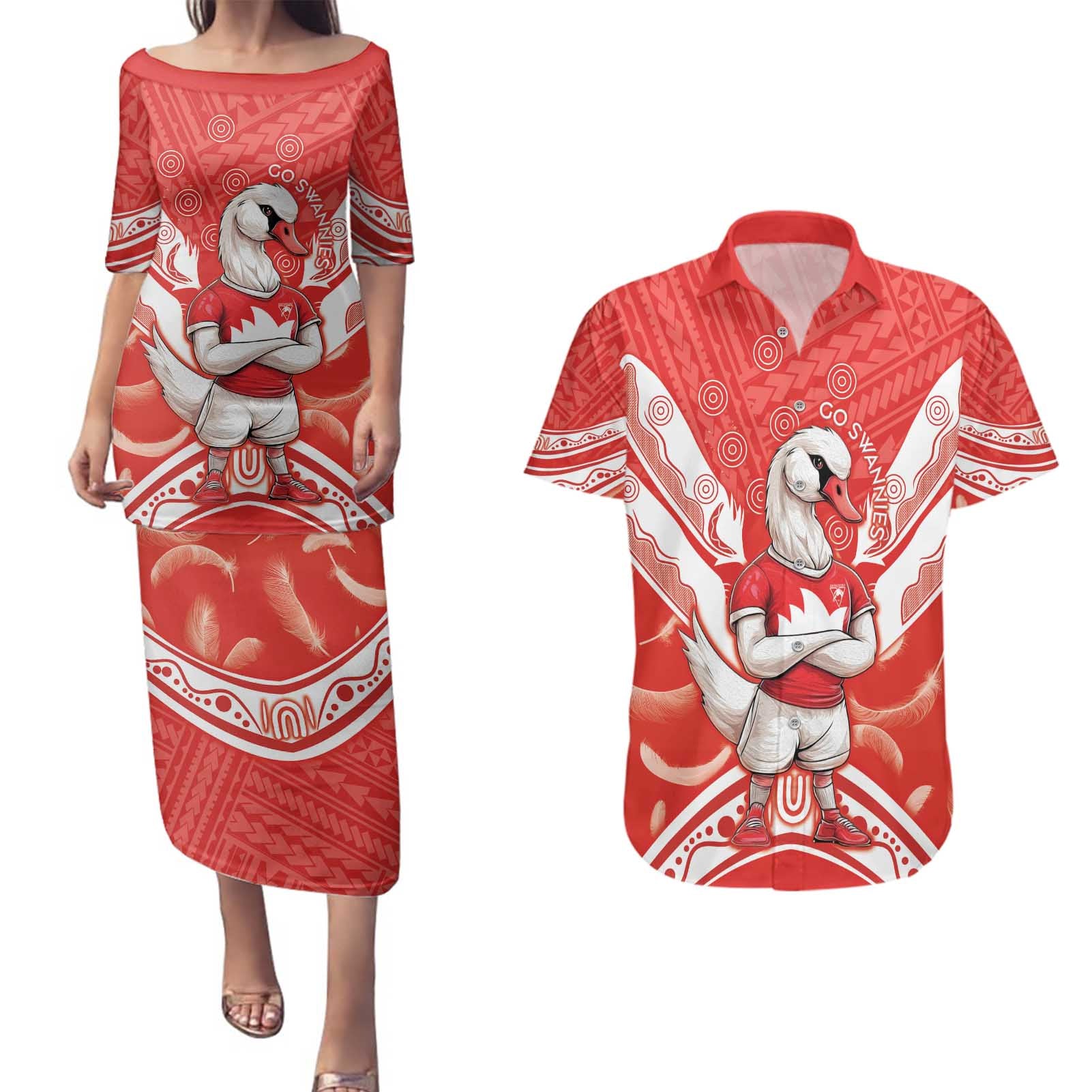 Personalised Swans Football Couples Matching Puletasi and Hawaiian Shirt 2024 Swannies Mascot Go Champions