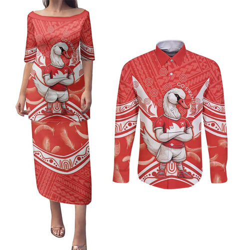 Personalised Swans Football Couples Matching Puletasi and Long Sleeve Button Shirt 2024 Swannies Mascot Go Champions