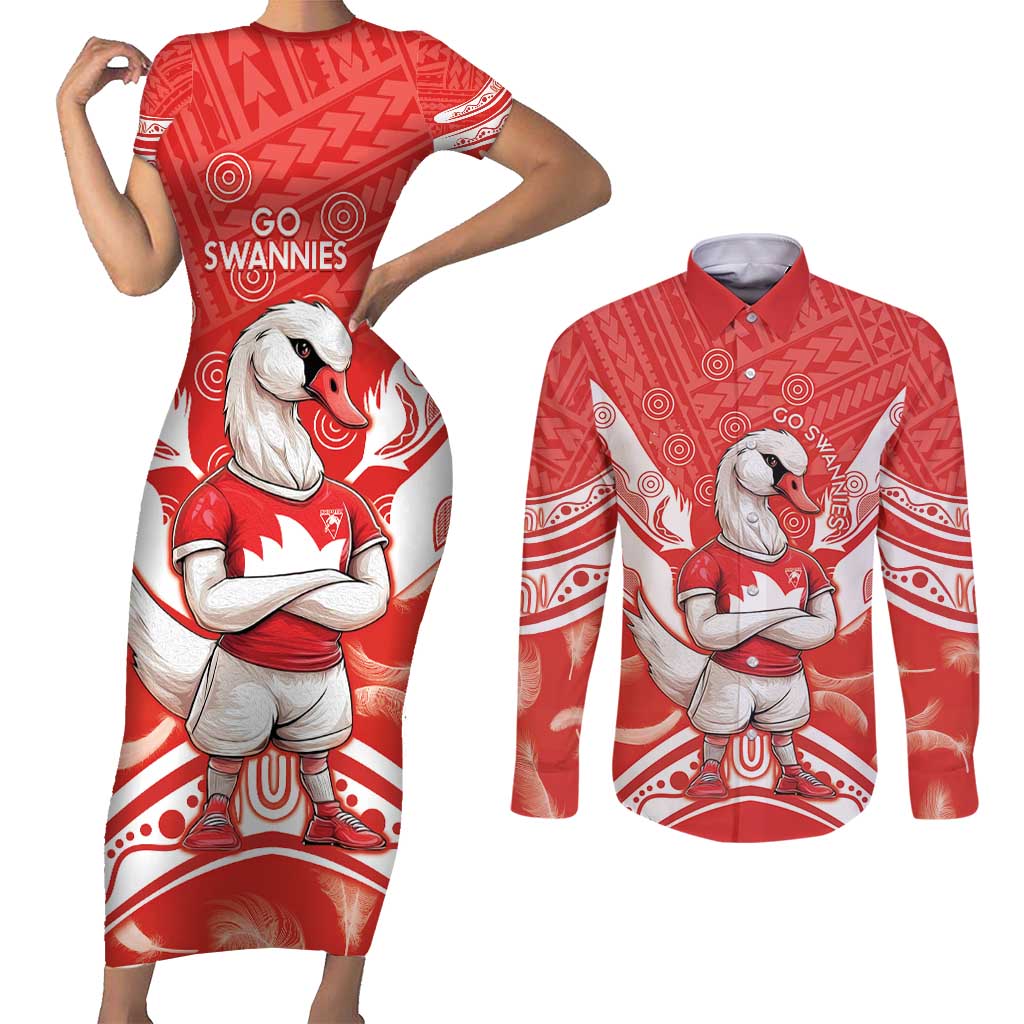 Personalised Swans Football Couples Matching Short Sleeve Bodycon Dress and Long Sleeve Button Shirt 2024 Swannies Mascot Go Champions