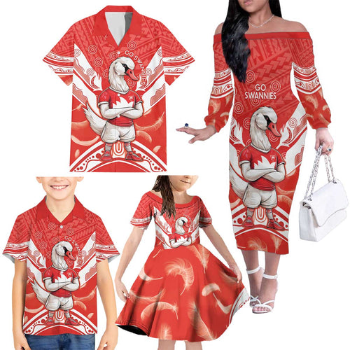Personalised Swans Football Family Matching Off The Shoulder Long Sleeve Dress and Hawaiian Shirt 2024 Swannies Mascot Go Champions
