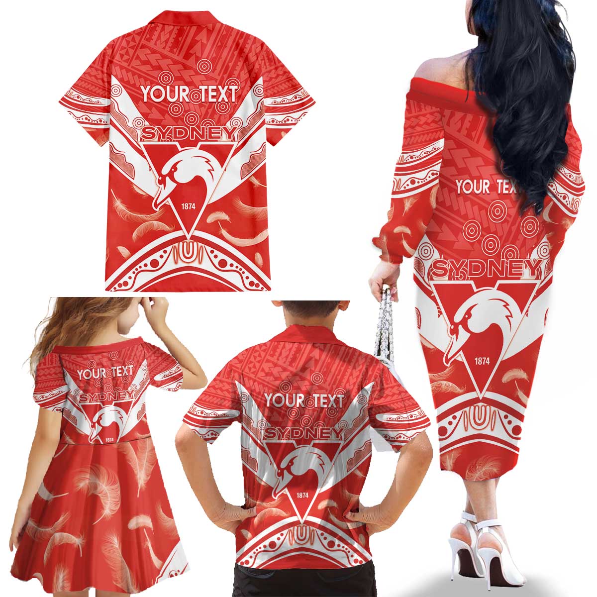 Personalised Swans Football Family Matching Off The Shoulder Long Sleeve Dress and Hawaiian Shirt 2024 Swannies Mascot Go Champions