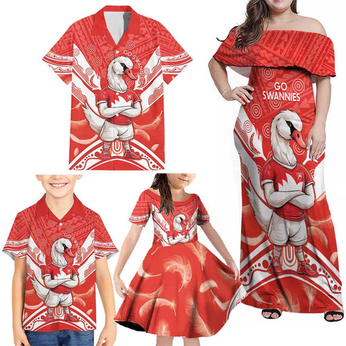 Personalised Swans Football Family Matching Off Shoulder Maxi Dress and Hawaiian Shirt 2024 Swannies Mascot Go Champions
