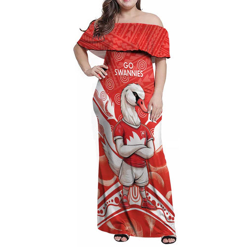Personalised Swans Football Family Matching Off Shoulder Maxi Dress and Hawaiian Shirt 2024 Swannies Mascot Go Champions
