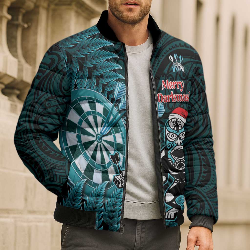 Personalised New Zealand Darts Christmas Bomber Puffer Jacket Maori Fern Merry Dartsmas - Aussie Hoodie