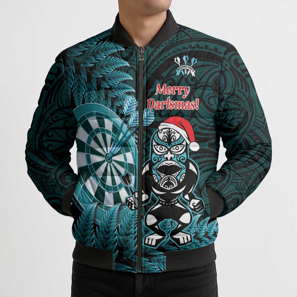 Personalised New Zealand Darts Christmas Bomber Puffer Jacket Maori Fern Merry Dartsmas - Aussie Hoodie