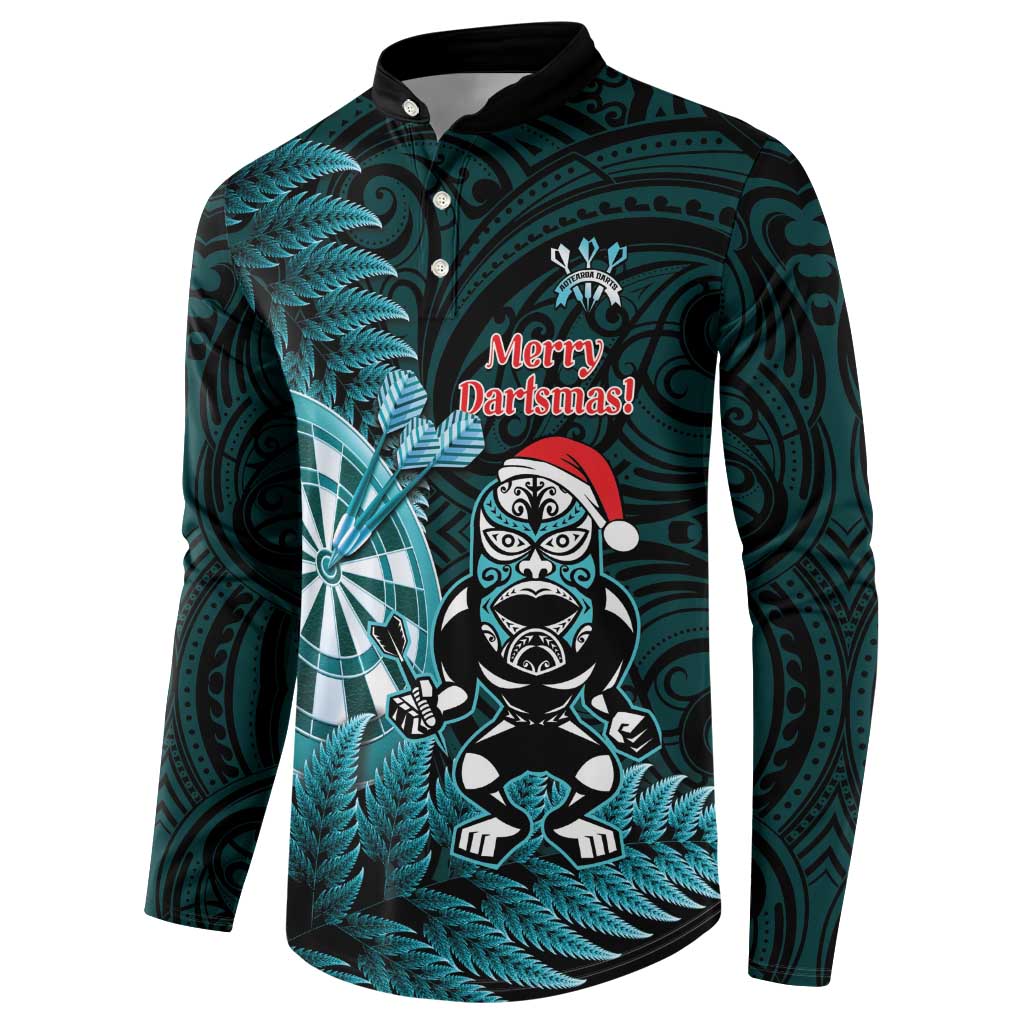 Personalised New Zealand Darts Christmas Button Sweatshirt Maori Fern Merry Dartsmas - Aussie Hoodie