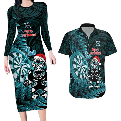 Personalised New Zealand Darts Christmas Couples Matching Long Sleeve Bodycon Dress and Hawaiian Shirt Maori Fern Merry Dartsmas - Aussie Hoodie