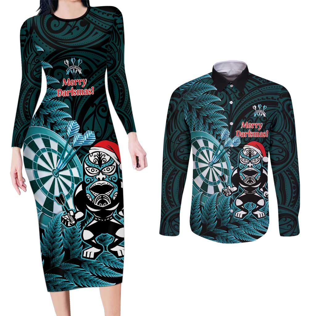Personalised New Zealand Darts Christmas Couples Matching Long Sleeve Bodycon Dress and Long Sleeve Button Shirt Maori Fern Merry Dartsmas - Aussie Hoodie