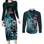 Personalised New Zealand Darts Christmas Couples Matching Long Sleeve Bodycon Dress and Long Sleeve Button Shirt Maori Fern Merry Dartsmas - Aussie Hoodie