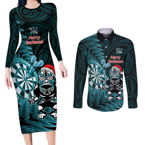 Personalised New Zealand Darts Christmas Couples Matching Long Sleeve Bodycon Dress and Long Sleeve Button Shirt Maori Fern Merry Dartsmas - Aussie Hoodie