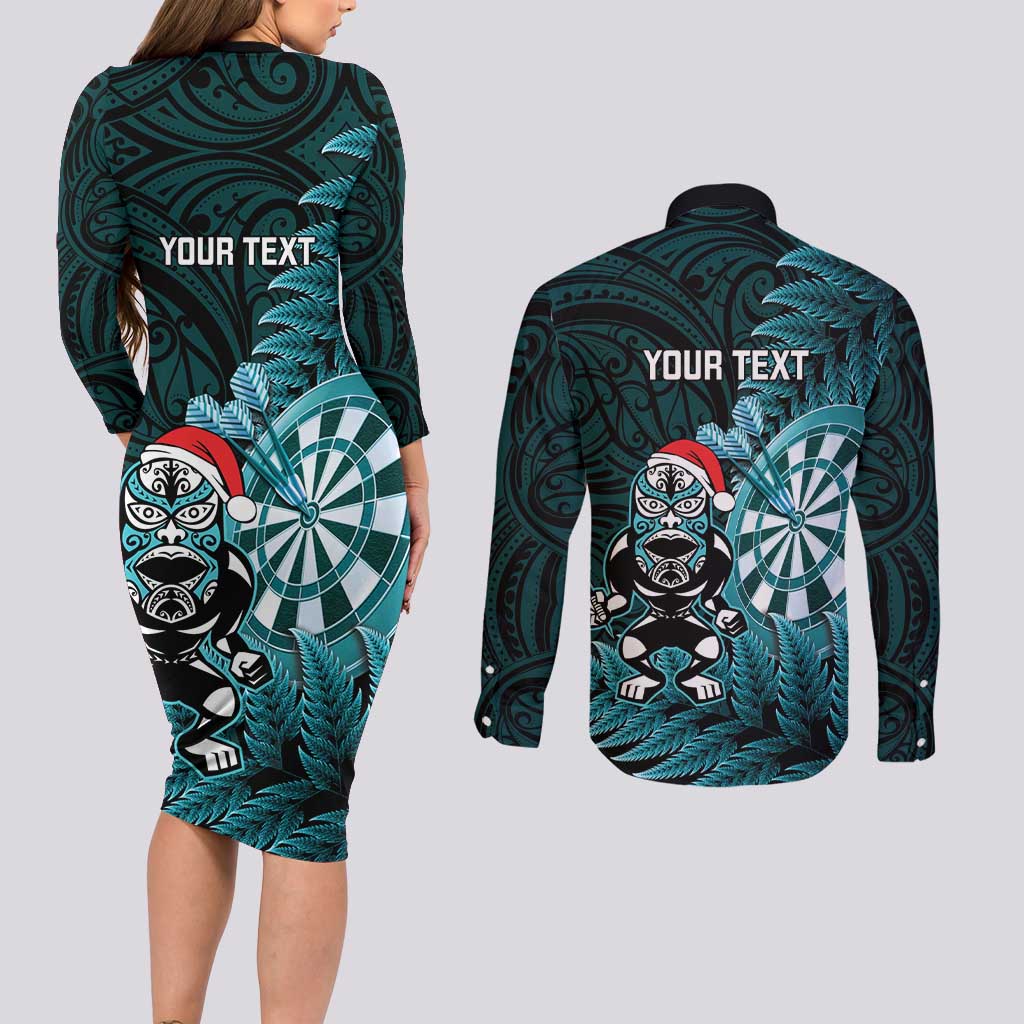 Personalised New Zealand Darts Christmas Couples Matching Long Sleeve Bodycon Dress and Long Sleeve Button Shirt Maori Fern Merry Dartsmas - Aussie Hoodie