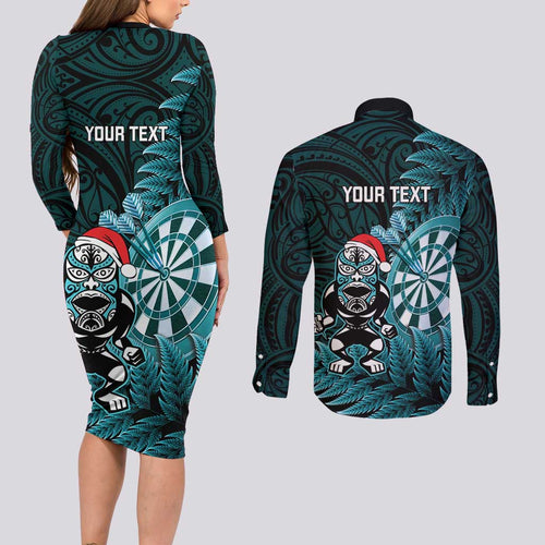 Personalised New Zealand Darts Christmas Couples Matching Long Sleeve Bodycon Dress and Long Sleeve Button Shirt Maori Fern Merry Dartsmas - Aussie Hoodie