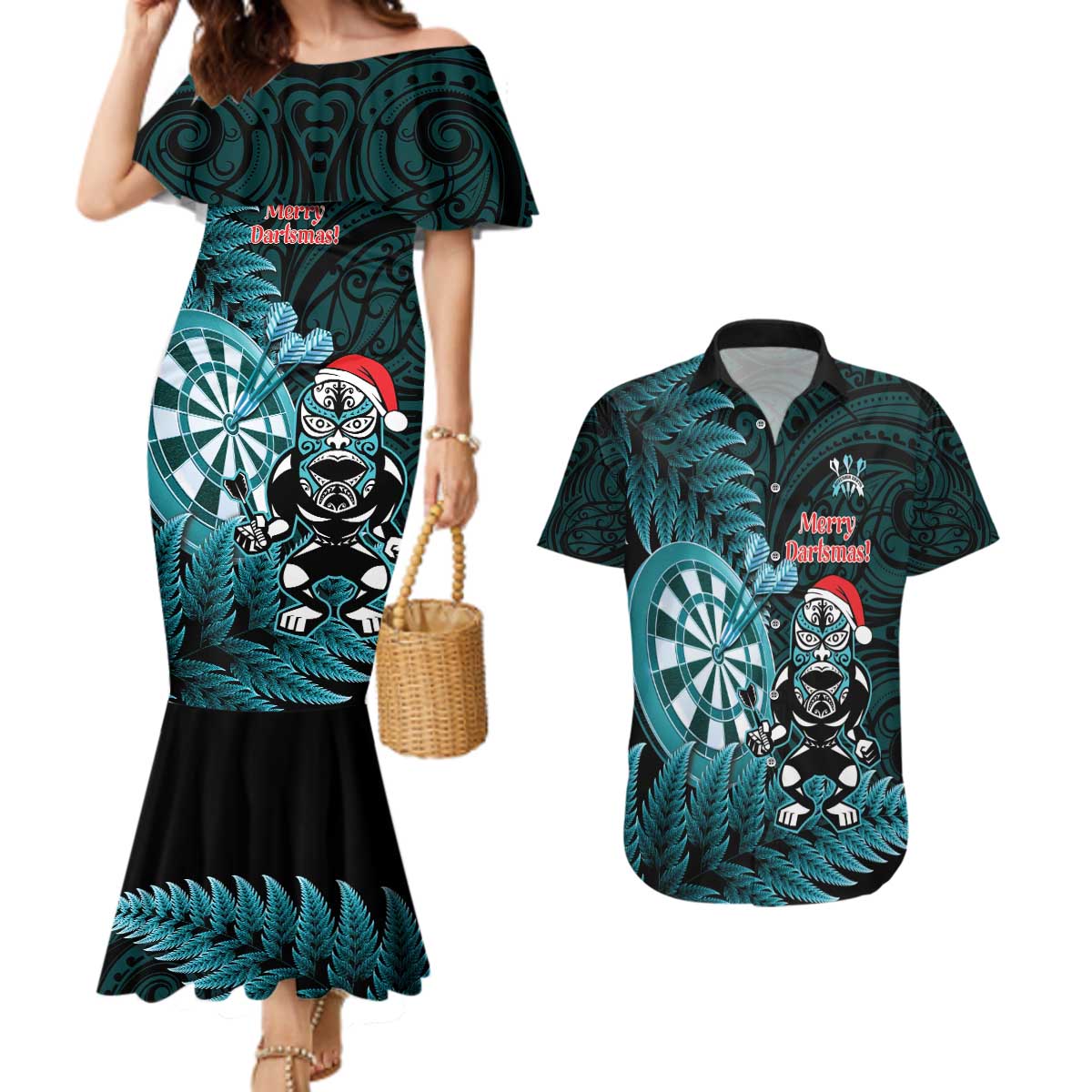 Personalised New Zealand Darts Christmas Couples Matching Mermaid Dress and Hawaiian Shirt Maori Fern Merry Dartsmas - Aussie Hoodie