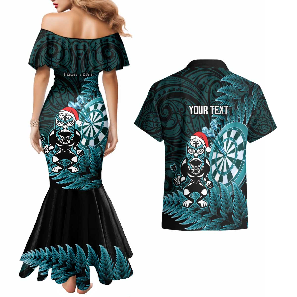 Personalised New Zealand Darts Christmas Couples Matching Mermaid Dress and Hawaiian Shirt Maori Fern Merry Dartsmas - Aussie Hoodie