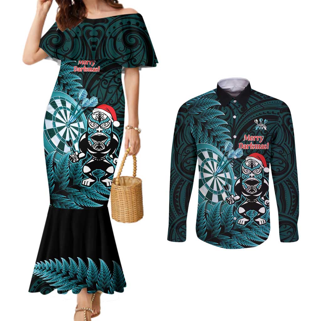 Personalised New Zealand Darts Christmas Couples Matching Mermaid Dress and Long Sleeve Button Shirt Maori Fern Merry Dartsmas - Aussie Hoodie