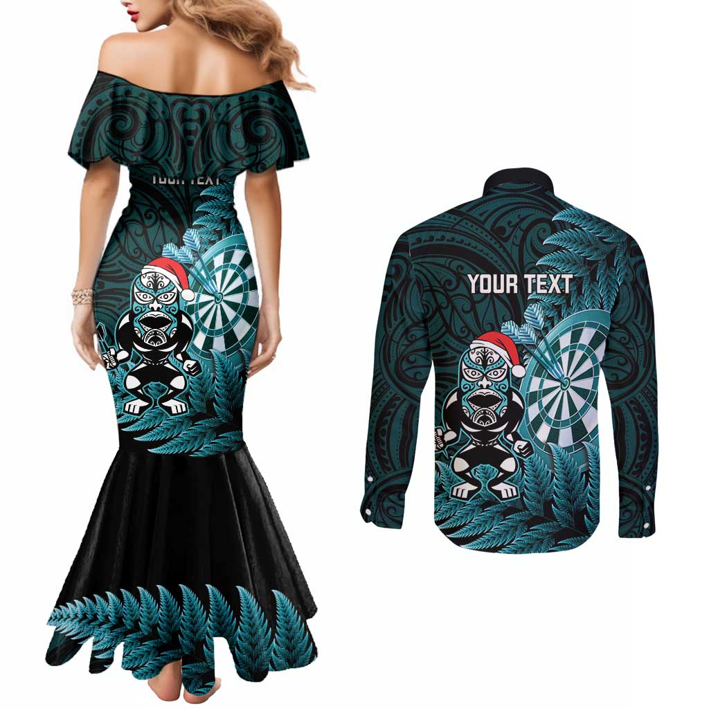 Personalised New Zealand Darts Christmas Couples Matching Mermaid Dress and Long Sleeve Button Shirt Maori Fern Merry Dartsmas - Aussie Hoodie